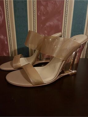 ALDO Women’s Beige/Clear Wedge Slip-On Open Toe Strap Sandals US 7.5